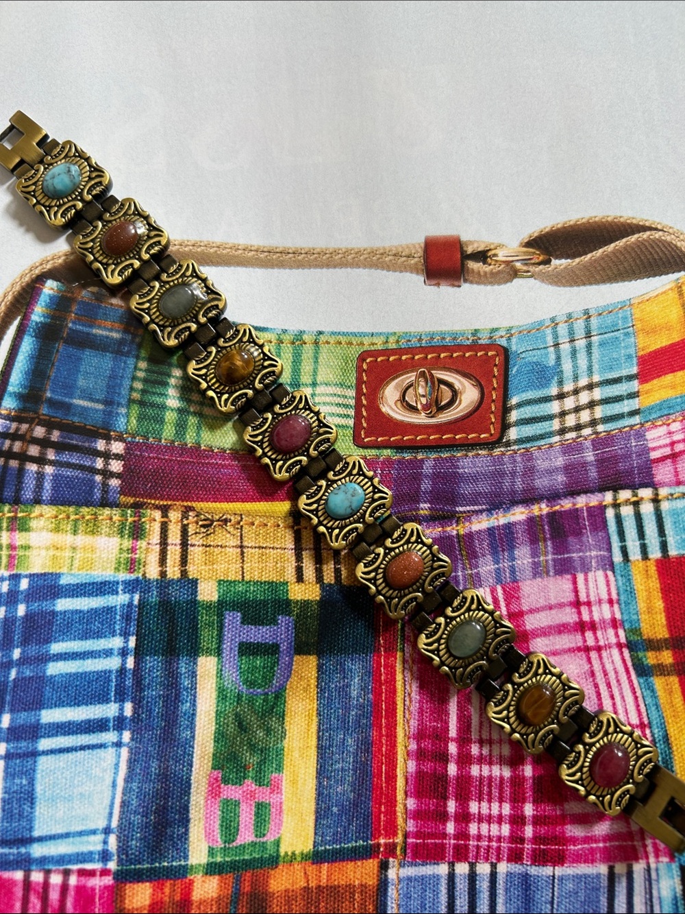 Vintage 1990 metal Bracelet with semitones, Turquoise, Red and tiger eyes & more